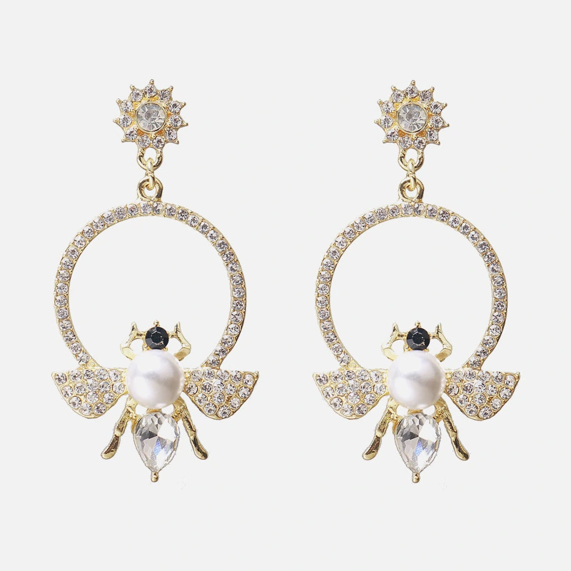 Alloy Diamond Bee Inlaid Pearl Earrings