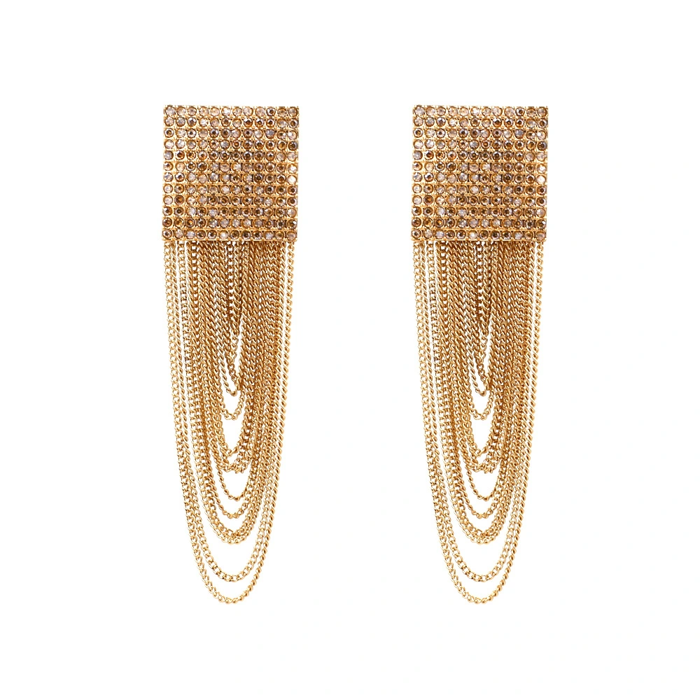 Geometric Metal Diamond Long Tassel Earrings