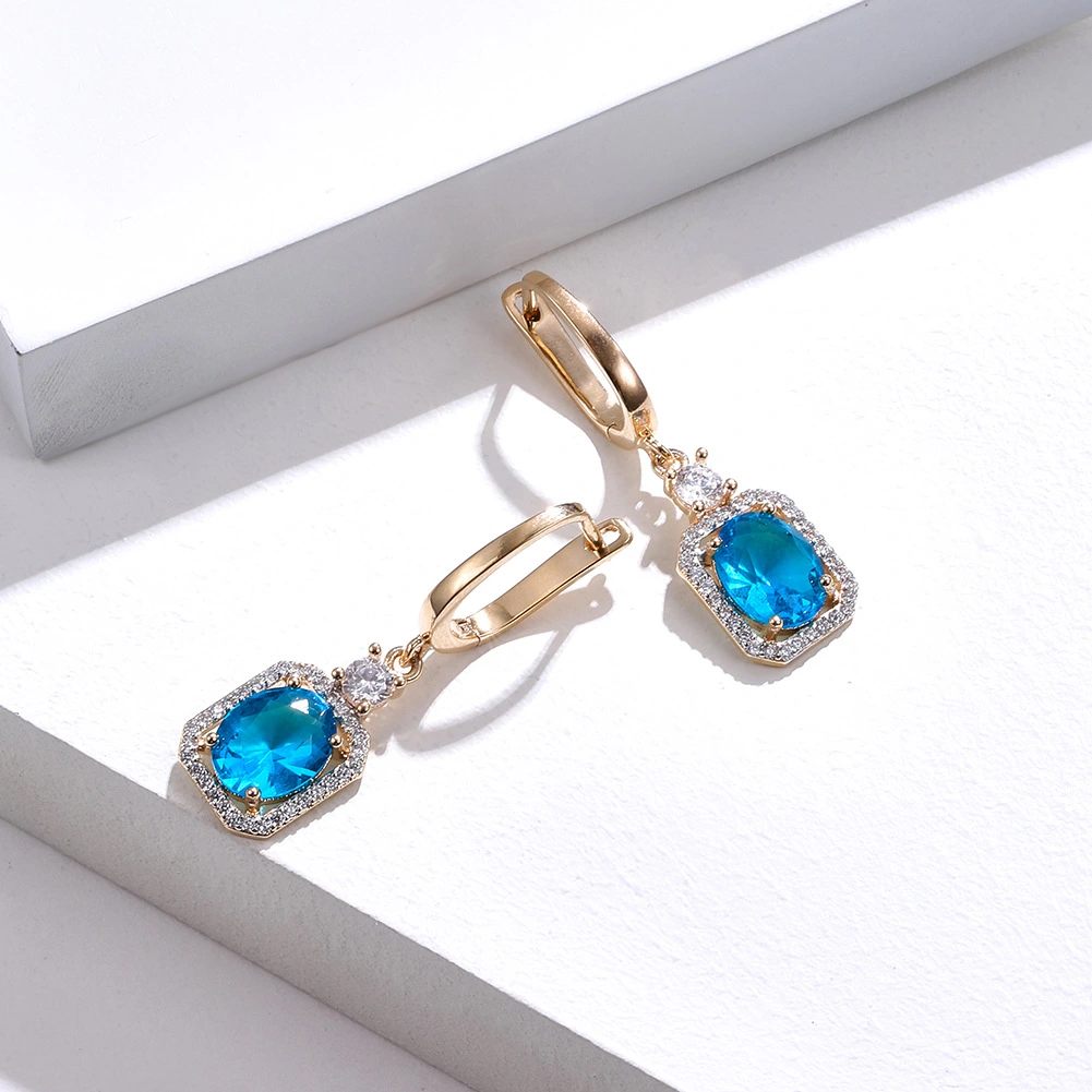 European and American Small and Simple Blue Zircon Round Diamond Copper Earrings