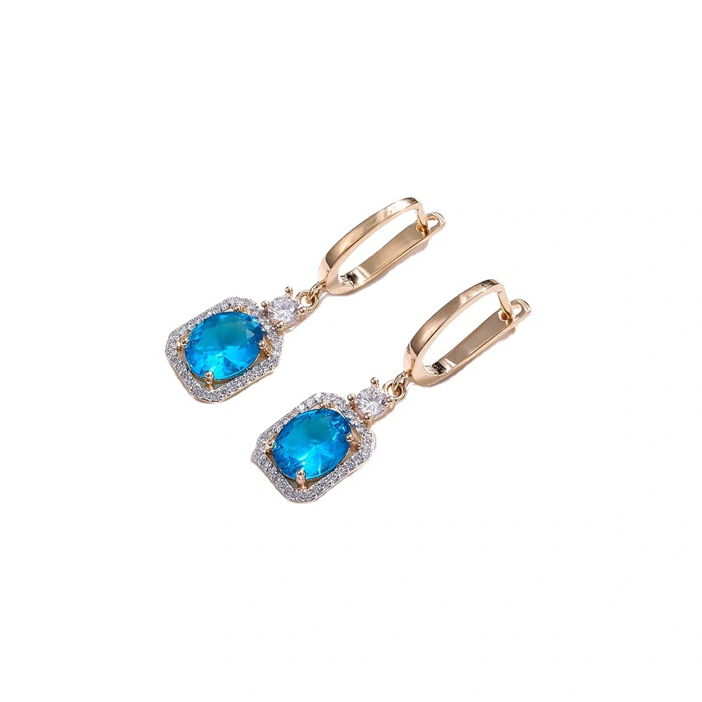 European and American Small and Simple Blue Zircon Round Diamond Copper Earrings