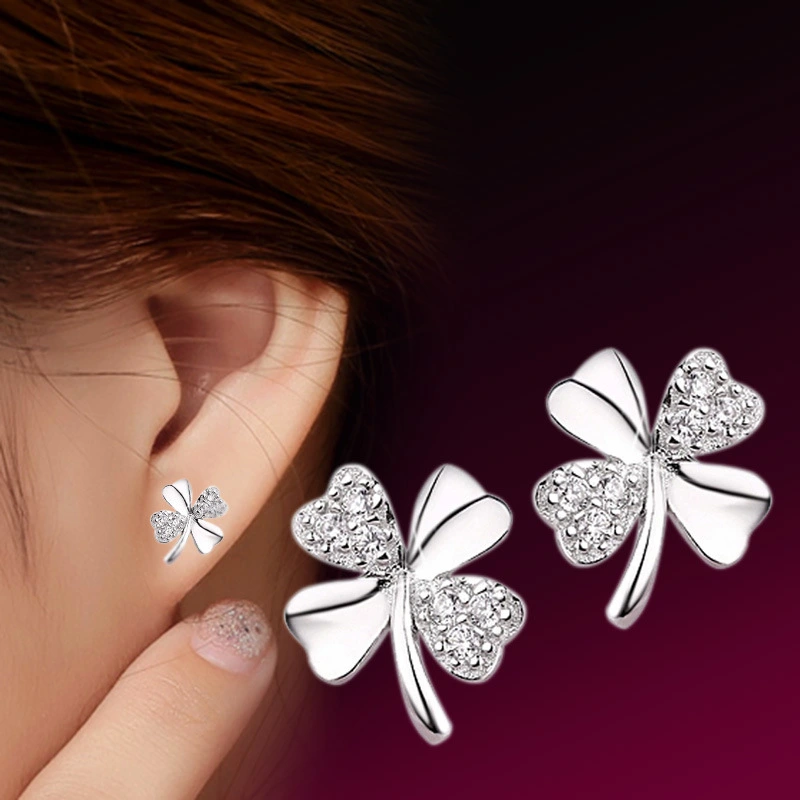 Lucky Leaf Clover Love Silver Plated Stud Earrings