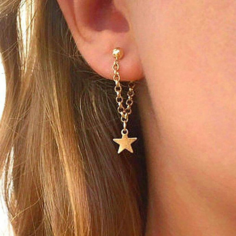 Back Hanging Alloy Chain Tassel Star Stud Earrings