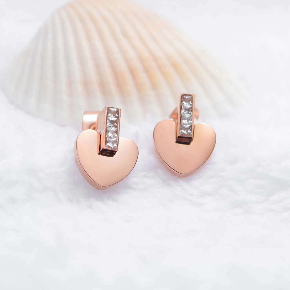 Fashion Titanium Steel Rose Gold Heart Diamond Stud Earrings