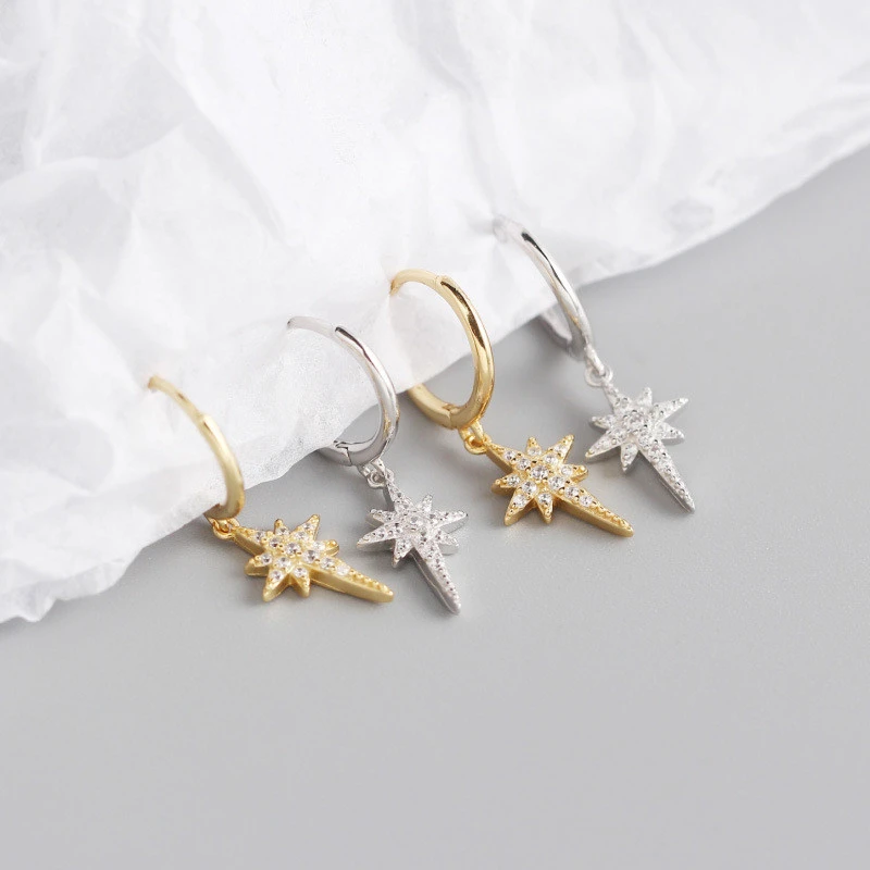 S925 Sterling Silver INS Light Luxury Eight-pointed Star Diamond Earrings 