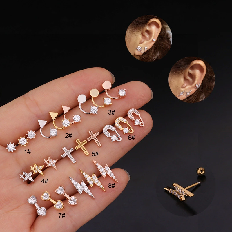 Piercing Thread Earrings Creative Lightning Stainless Steel Earrings Female Zircon Ear Bone Studs Fashion Jewelry