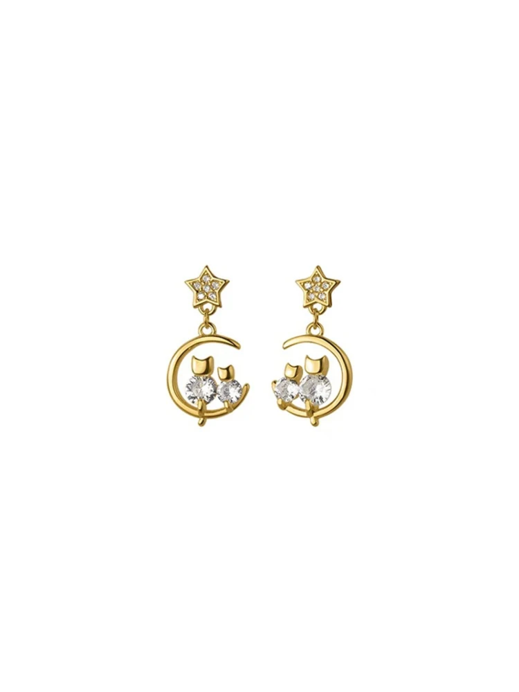 S925 Silver Needle Diamond Cat Moon Earrings