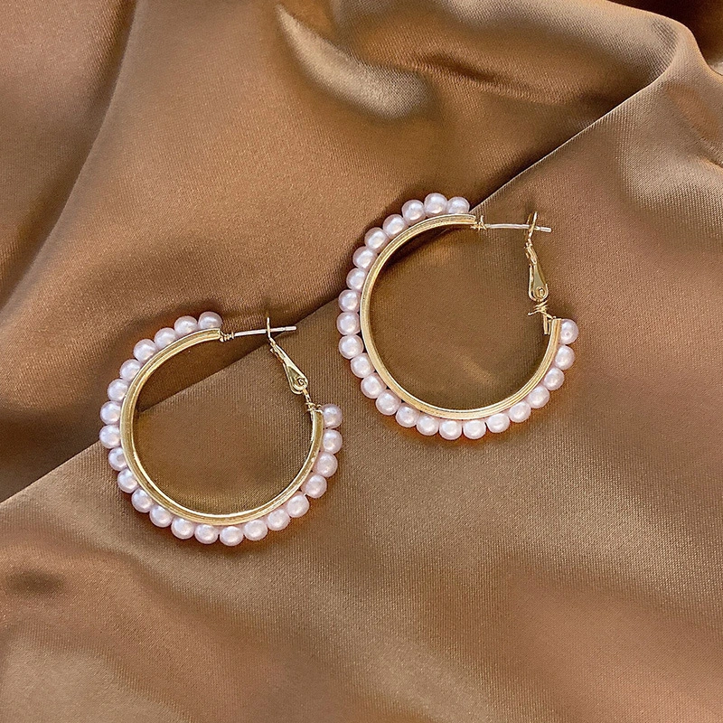 European And American Exaggerated Pearl Hoop Earrings