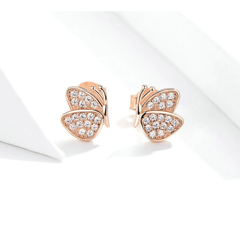 New Rose Gold Butterfly Stud Earrings Sterling Silver Simple Fashion Hypoallergenic