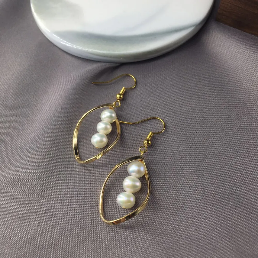 14K Gold Hand-Made Freshwater Pearl Earrings, Pearl Earrings, Fashionable All-Match