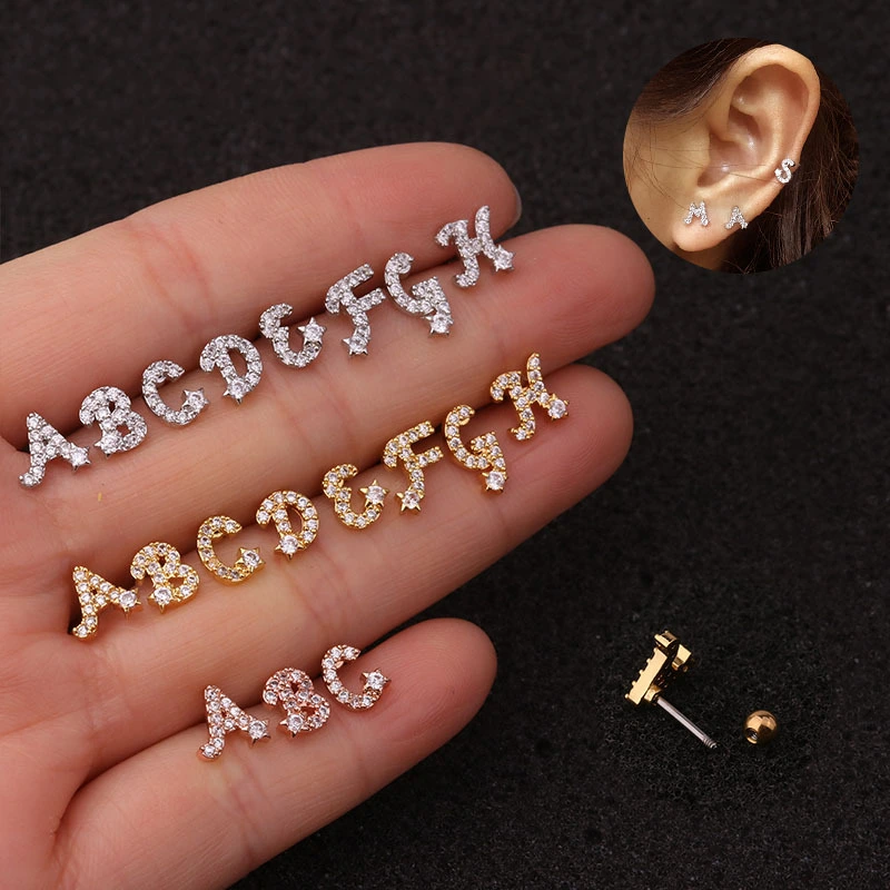 26 English Alphabet Earrings Micro-Inlaid Zircon Earrings Female Stainless Steel Ear Bone Studs