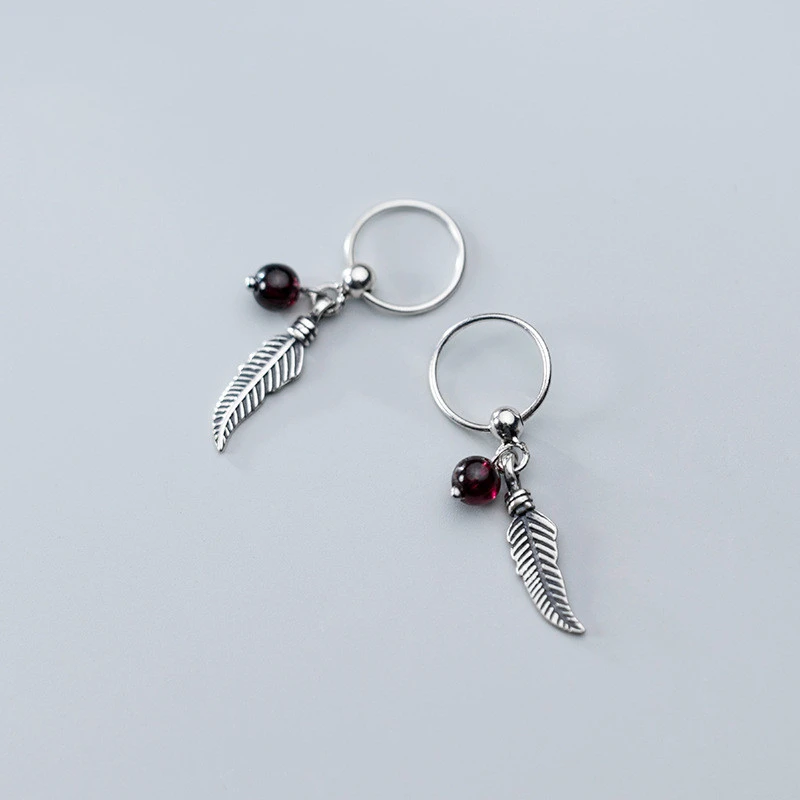 Silver Earrings Female Korean Version Of Thai Silver Fashion Feather Synthetic Garnet Earrings Jewelry