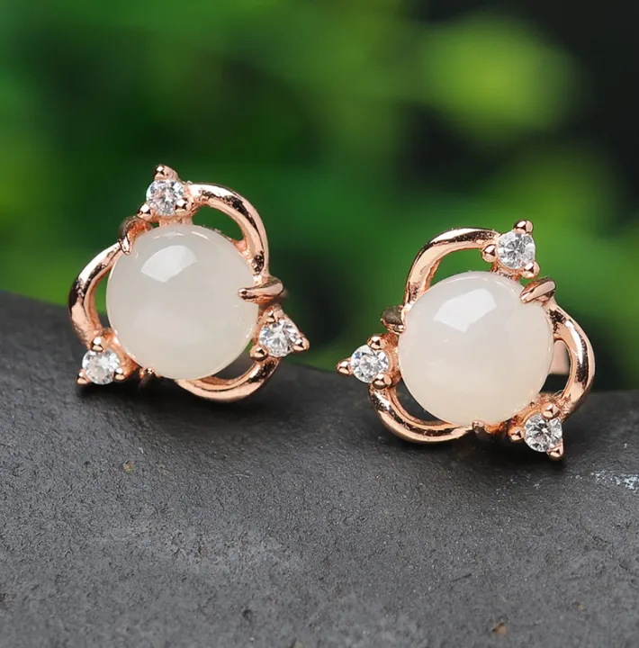 Ice Transparent Chalcedony Flower-Shaped Vintage Jade Three-Petal Earrings