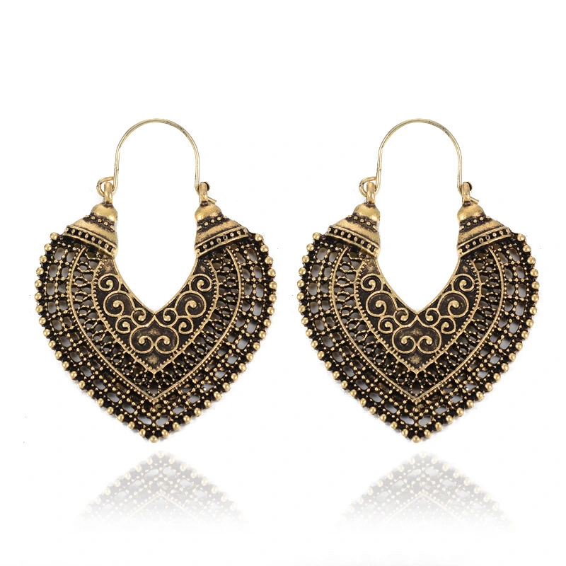 Heart-Shaped Carved Hollow Alloy Earrings Alloy Retro Ethnic Style Carved Earrings