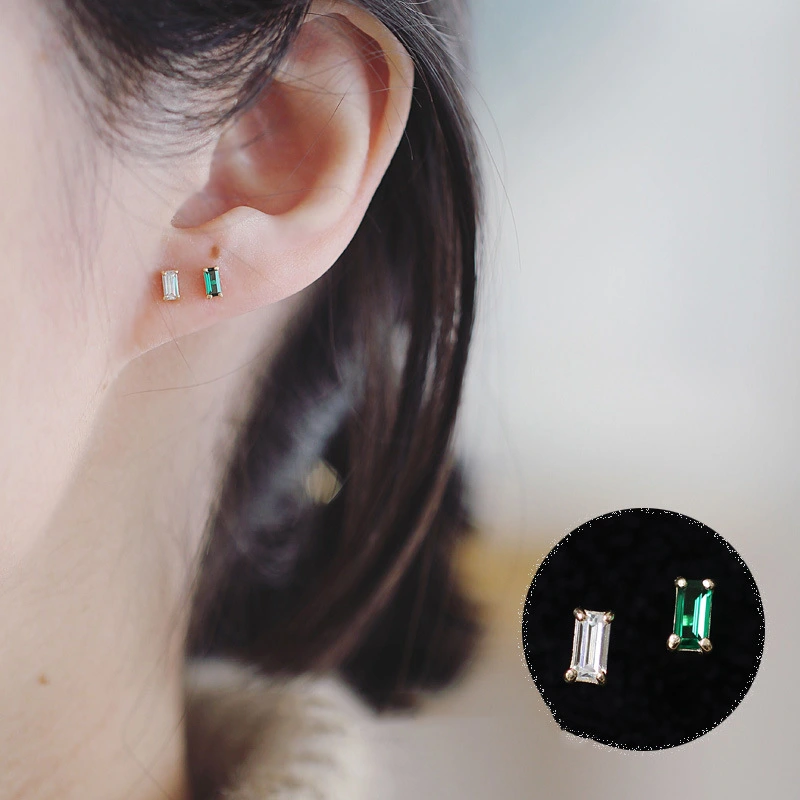 Gold Inlaid White Emerald Green Zircon Cold Wind Mini Temperament Simple Geometric Rectangular Diamond Small Earrings