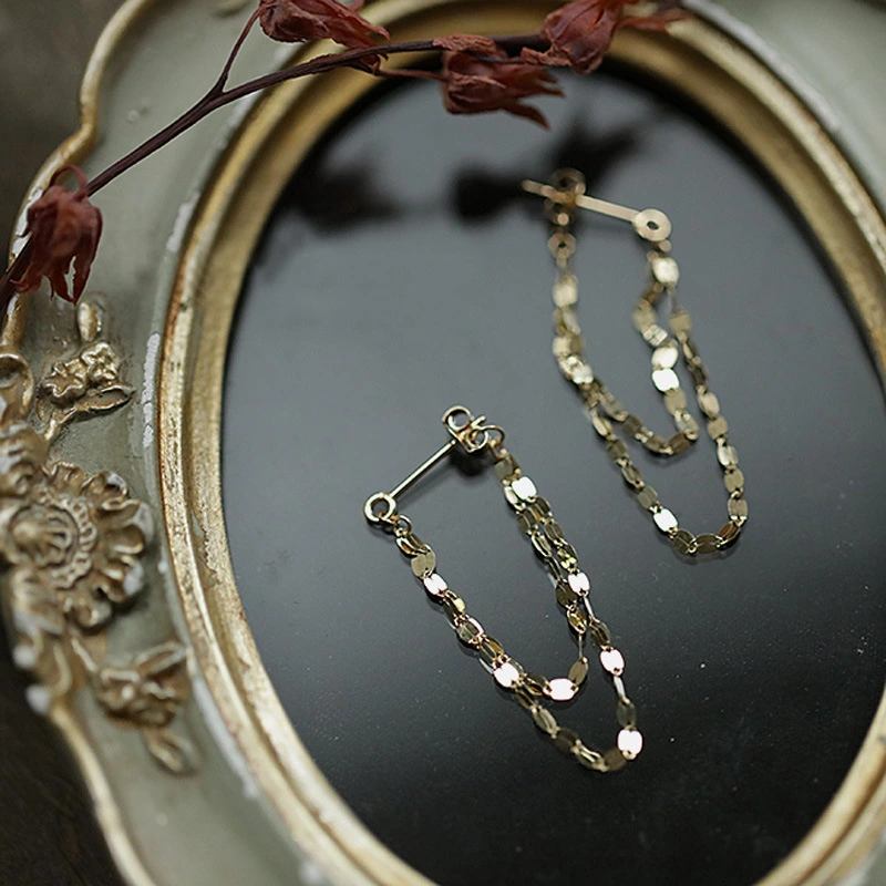 21 Spring New 925 Silver Plated 14K Gold Blade Chain Kiss Word Chain Long And Short Tassel Front And Back Double Layer Earrings
