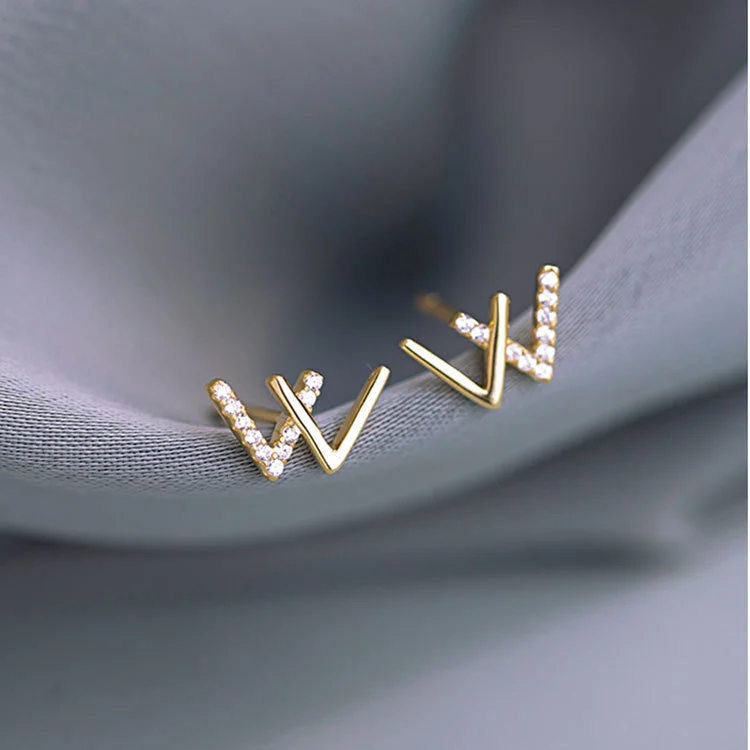 S925 Sterling Silver Double V Letter W Earrings New Diamond-Studded Small Earrings Fashionable All-Match Earrings