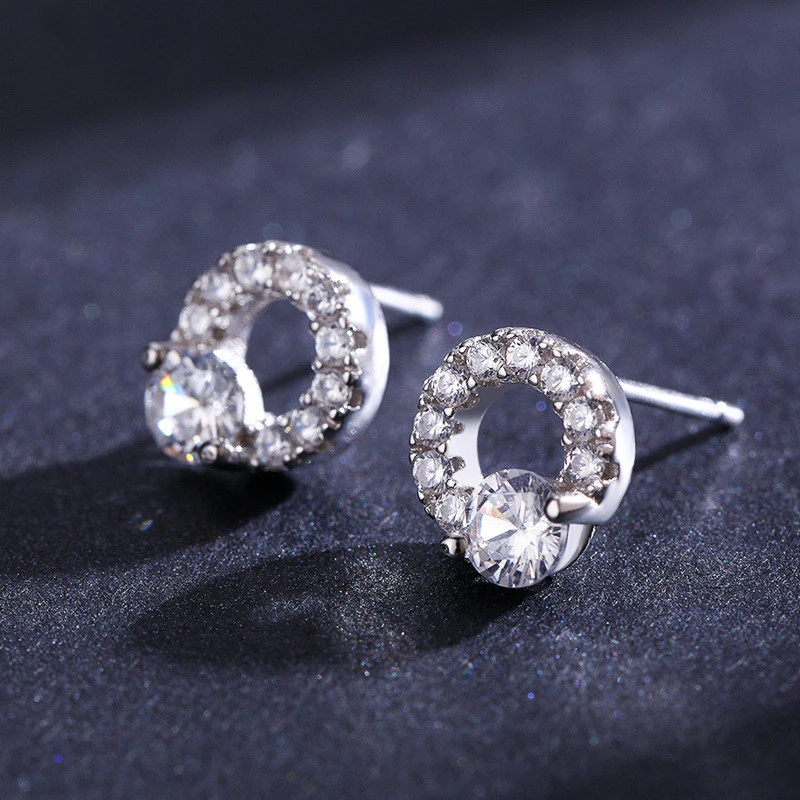 Cute s925 sterling silver round full diamond zircon earrings female Korean version of European and American ins wind net red earrings light luxury jewelry