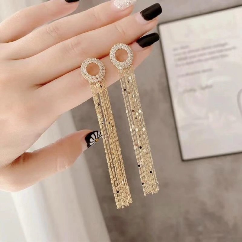 925 Silver Needle Dongdaemun Rhinestone Circle Super Fairy Tassel Earrings