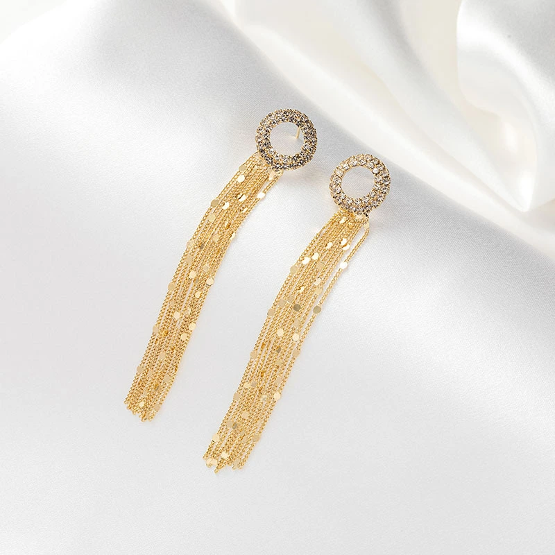 925 Silver Needle Dongdaemun Rhinestone Circle Super Fairy Tassel Earrings