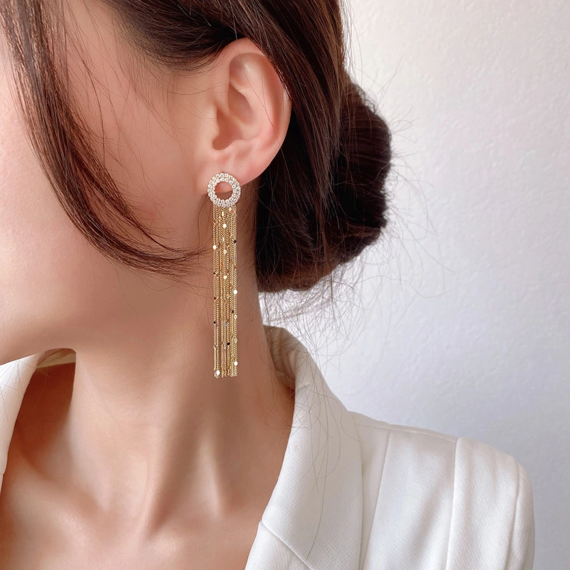 925 Silver Needle Dongdaemun Rhinestone Circle Super Fairy Tassel Earrings