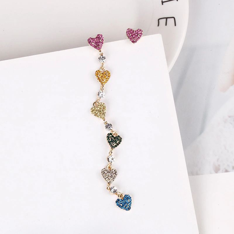 Korean Fashion Asymmetric Colorful Crystal Love Earrings Drop Earrings Female Long Tassel Earrings