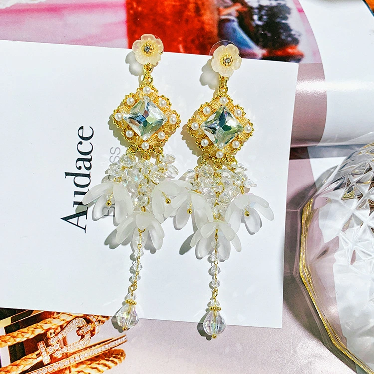 925 Silver Needle Temperament Long Flower Earrings Female Exaggerated Earrings Earrings Diamond Tassel Net Red