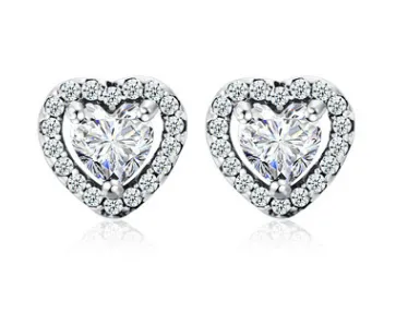 Heart shaped micro zircon inlaid silver earrings