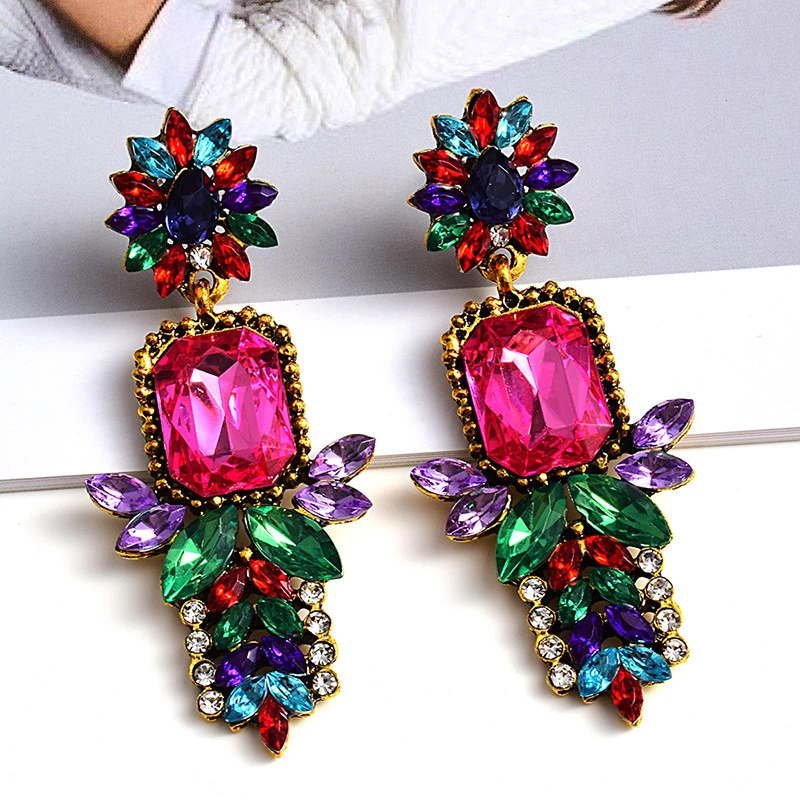 European And American Style Fashion Earrings Colorful Diamond Long Metal