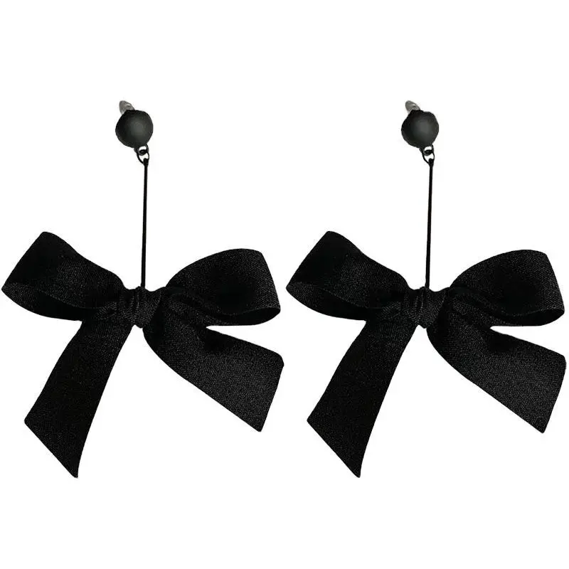 Black Big Bow Earrings Temperament Long Style