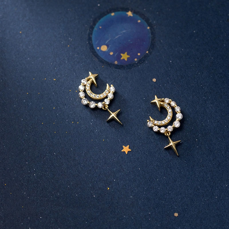 Diamond-Studded Moon Four-Pointed Star Tassel Ear Jewelry