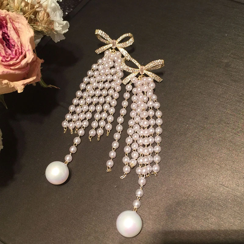 Bow Pearl Long Tassel Earrings