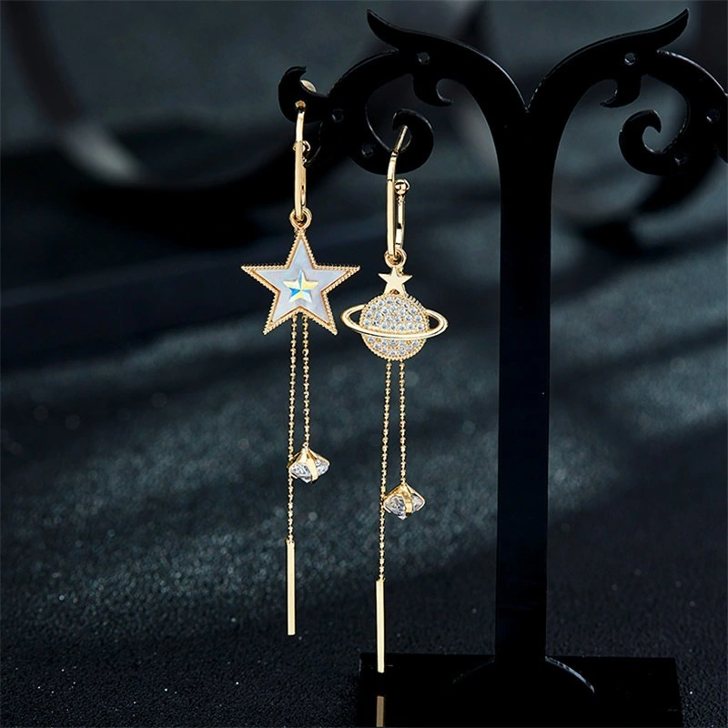 925 Silver Needle Pentagram Earth Tassel Asymmetrical Earrings