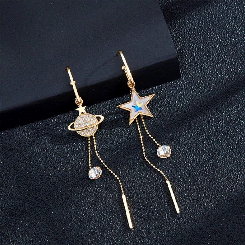 925 Silver Needle Pentagram Earth Tassel Asymmetrical Earrings
