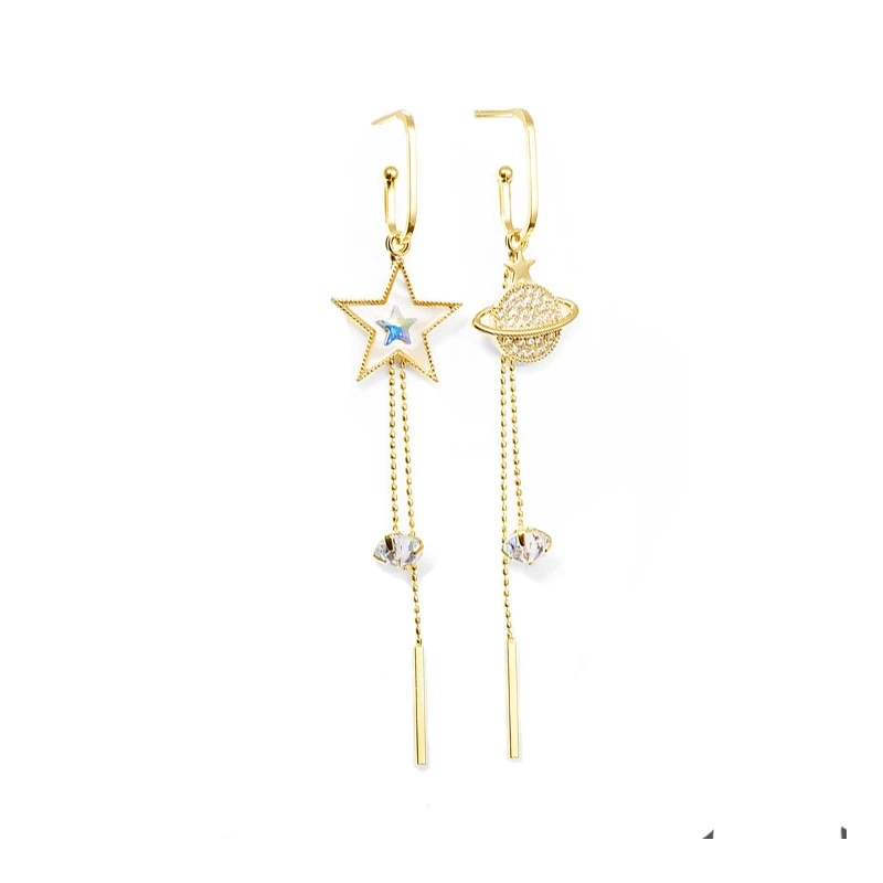 925 Silver Needle Pentagram Earth Tassel Asymmetrical Earrings