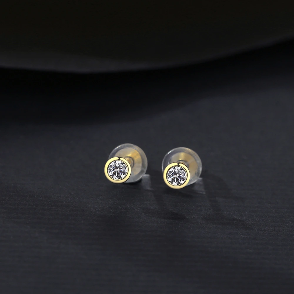 Round Sterling Silver Stud Earrings With 14K Gold Zircon