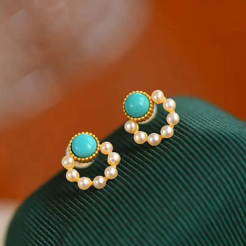 Turquoise Stud Earrings Pearl Circle Earrings