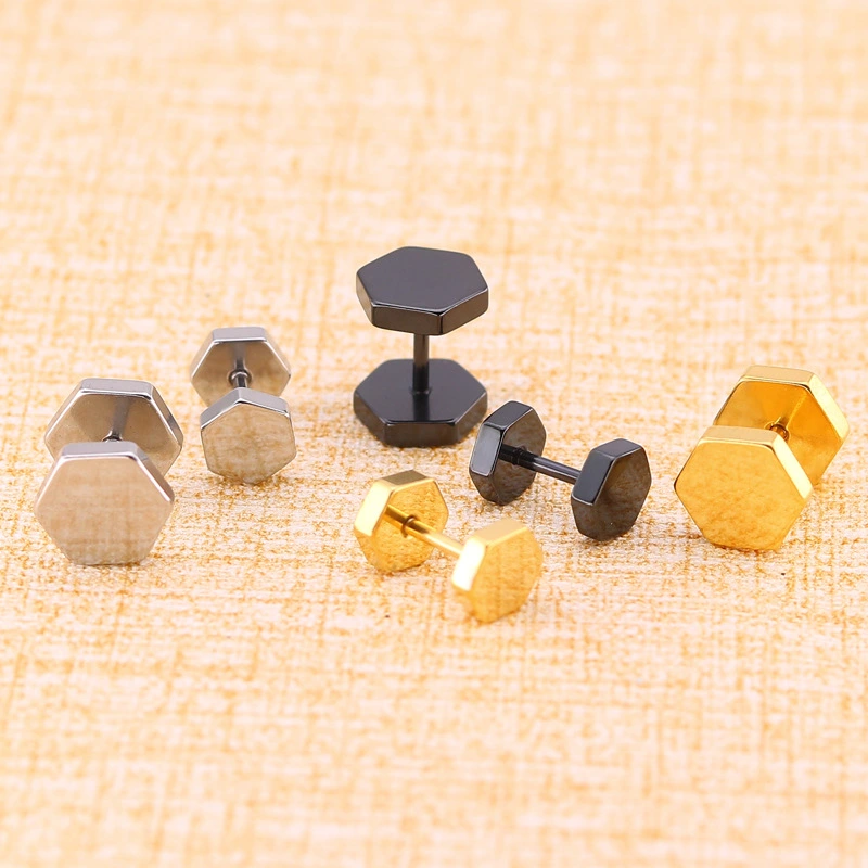 Titanium Steel Geometric Hexagonal Stud Earrings Male Polygonal Earrings