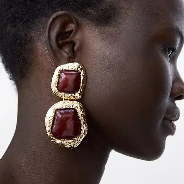 Artificial Gemstone Gold Earrings Female Retro Autumn Earrings