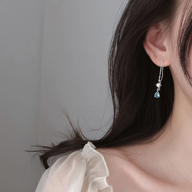 Women's Long Wavy Ear Line Blue Water Drop Sun Earrings