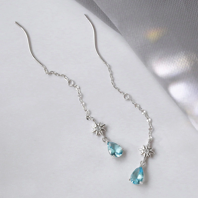 Women's Long Wavy Ear Line Blue Water Drop Sun Earrings