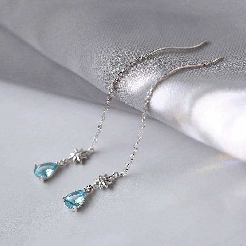 Women's Long Wavy Ear Line Blue Water Drop Sun Earrings