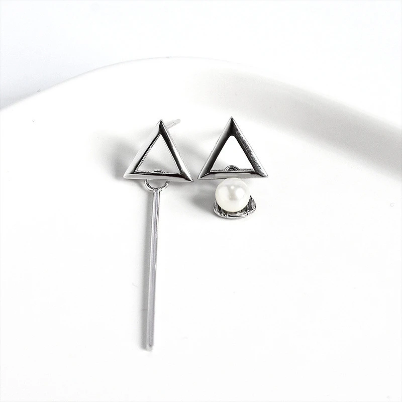 Ins Temperament Cold Wind Jewelry S925 Sterling Silver Pearl Triangle Asymmetric Earrings Earrings