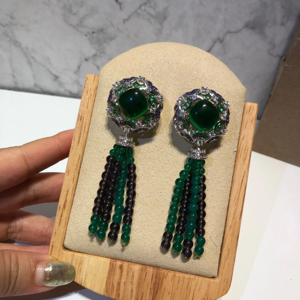 Fashion Long Tassel Synthetic Emerald Earrings