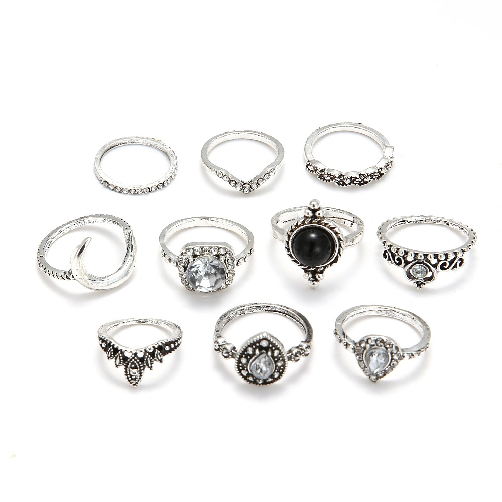 Black Gemstone Hollow Crown Diamond Drop Ring Ten-piece Set