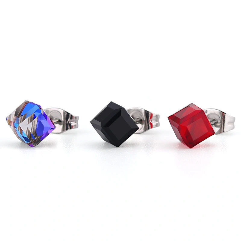 Fashion Titanium Steel Water Cube Square Zircon Ear Studs Stainless Steel