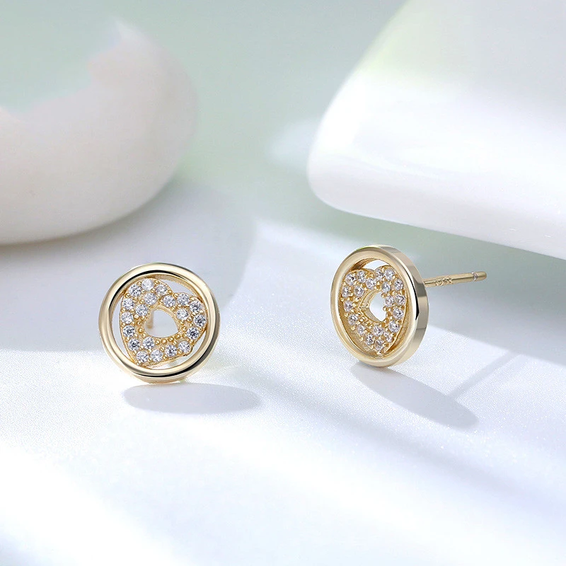 14K Gold Round Hollow Earrings Heart Shaped Zircon Earrings