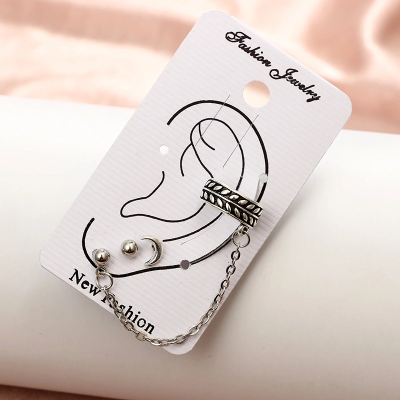 Fashion Simple Moon Round Alloy Chain Earrings Ear Clips Retro 3-Piece Female Set