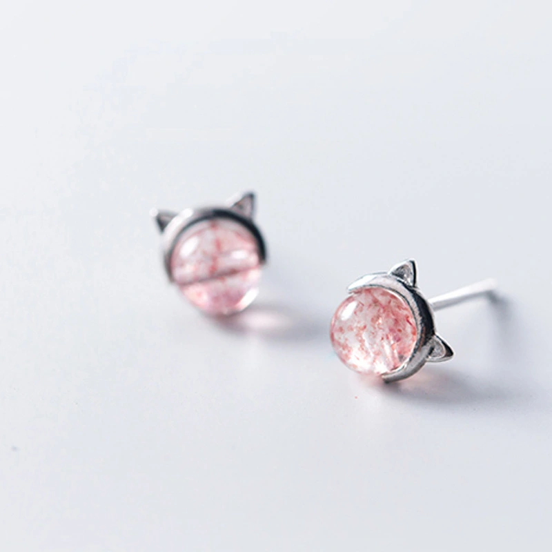 Strawberry Crystal S925 Silver Cat Earrings