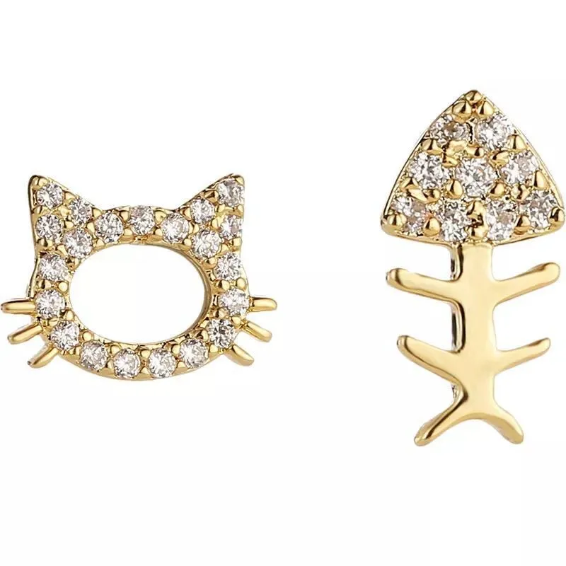 Korean Small Cute Cat Fish Bones  Stud Earrings Zircon Asymmetrical  For Women Earrings