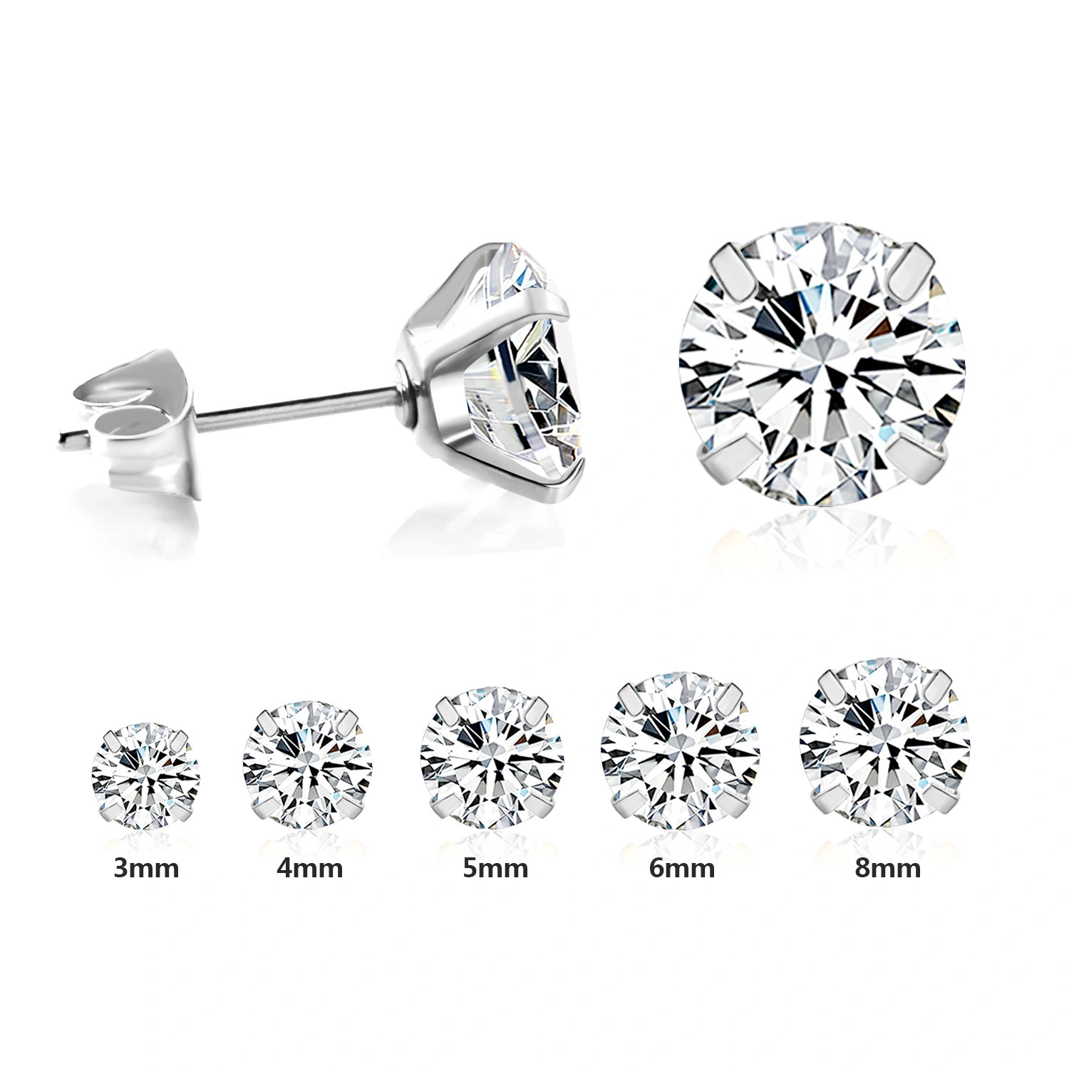 Simple Temperament Four-grab Round White Diamond Earrings Stainless Steel Fine Needle Earrings